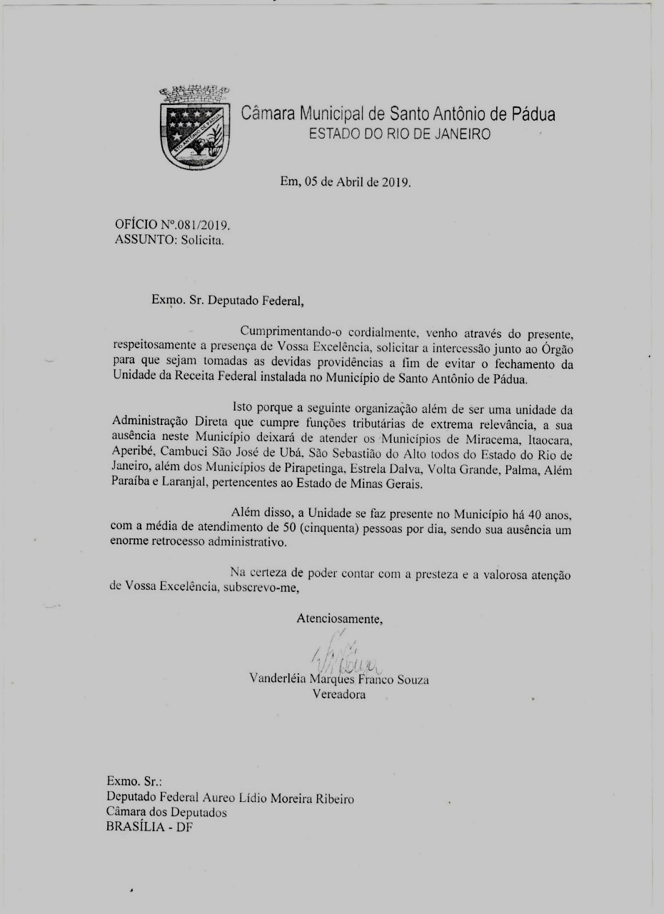 Oficio Enviado ao Deputado Federal Aureo