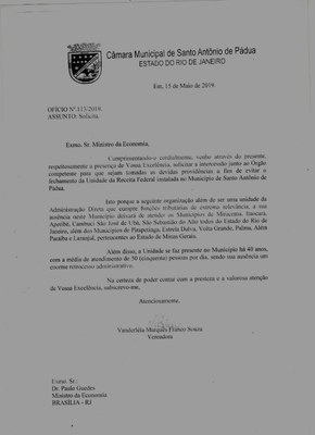 Oficio Entregue ao Ministro da Economia Paulo Guedes