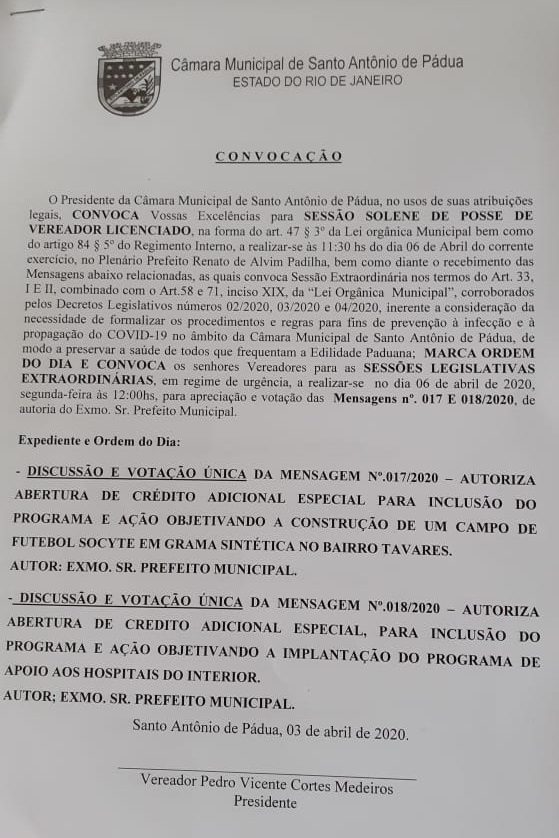 CÂMARA MUNICIPAL SE REÚNE PARA VOTAR PROJETOS EMERGENCIAIS E DAR POSSE A VEREADOR LICENCIADO